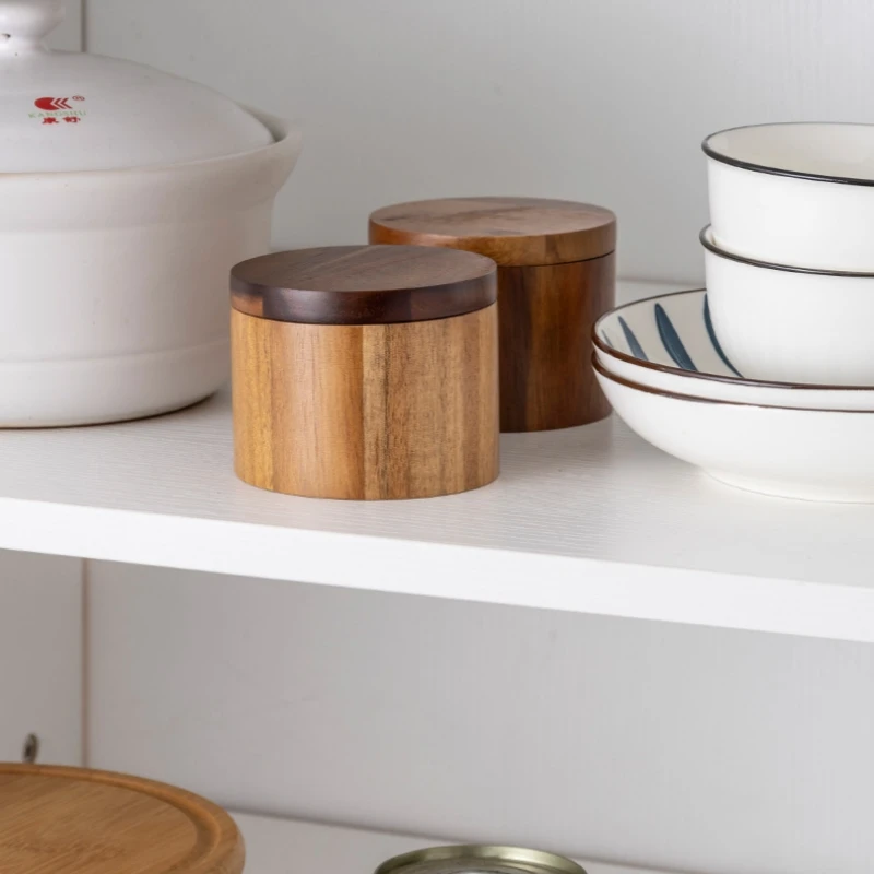 Wooden Salt Cellar with Spoon Kitchen Salt Box Pepper Jar with Swivel Closure Lid Round Container To Condiment Spice Container, salt pepper shakers