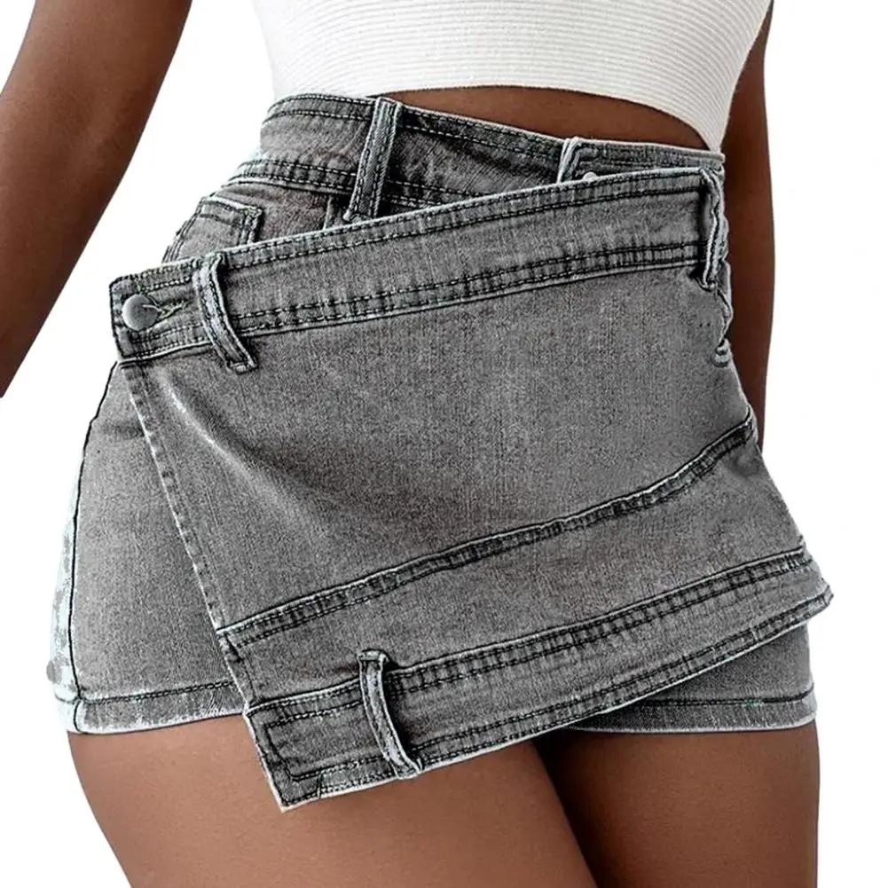 

Summer Women Denim Shorts A-line Irregular High Waist Pockets Casual Above Knee Party Skirt Shorts