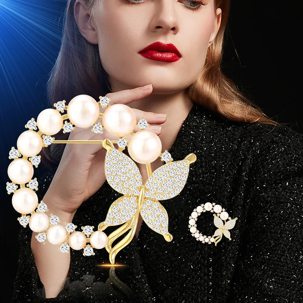 

Luxury Brooch for Womens fashion Round Pearl Butterfly Brooches Zircon Inlaid Pins Fine Jewelry Wedding Party Accessories Gifts