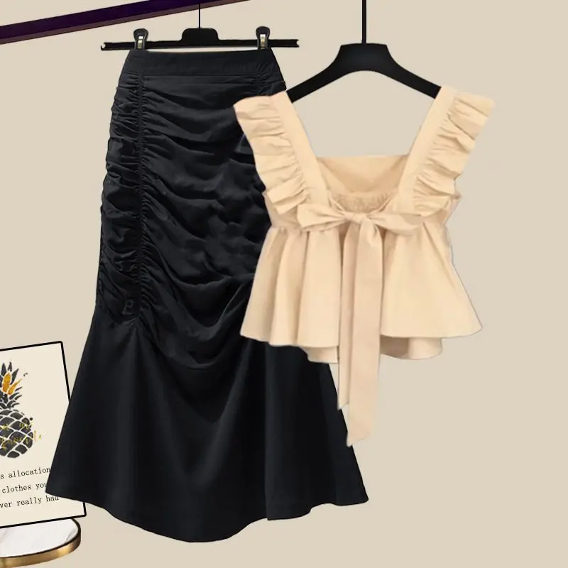 Spring/Summer Set Women's 2024 New Korean Edition Slim Fit Fishtail Skirt with Ruffled Edge Top for Age Reducing Two Piece Set