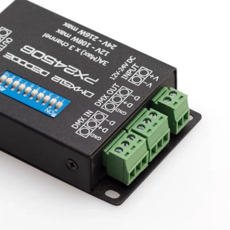 RGB LED 스트립 조명 컨트롤러, LED 디코더, DMX 512 디코더 드라이버, DMX 512 증폭기, PX24506, 9A, 12V, 24V