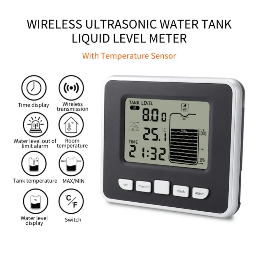 

Wireless Ultrasonic Water Tank Liquid Level Meter With Temperature Sensor Water Level Time Display Low Battery Indicator