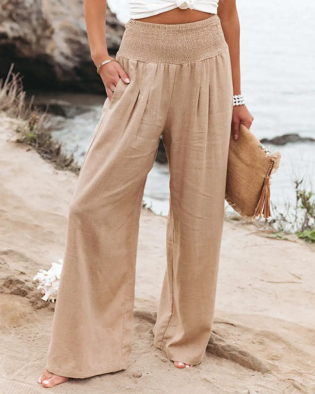 Frühling Sommer Damen Baumwolle Leinen Einfarbig Elastische Taille Breite Bein Hosen Casual Hosen – Detail 8