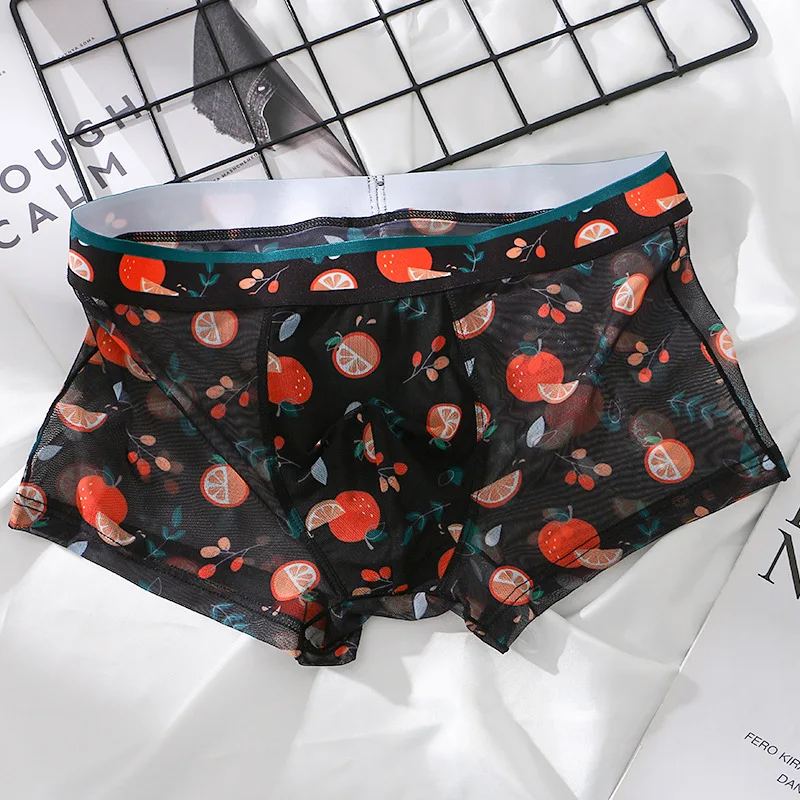 Men's Boxers Briefs Summer Ice Silk Underwear Mesh Transparent Panties Floral Fruit Printed Ultra-Thin Breathable Underpants