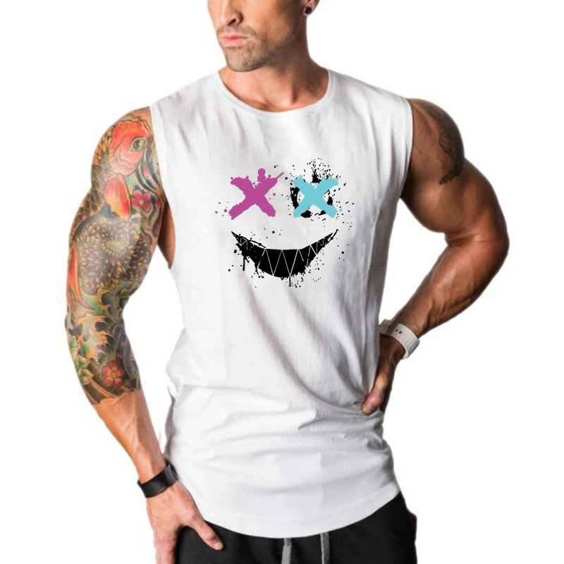 

Trendy Personality Funny XX Smile Face Print Sleeveless Fitness Tank Tops Cotton Breathable Men Casual Gym Bodybuilding T-shirt