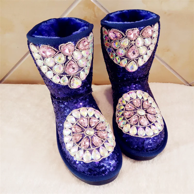 

Colorful rhineshewn hand custom winter plus fleece warm fur one body boots all-fit midtube women's large size 35-44