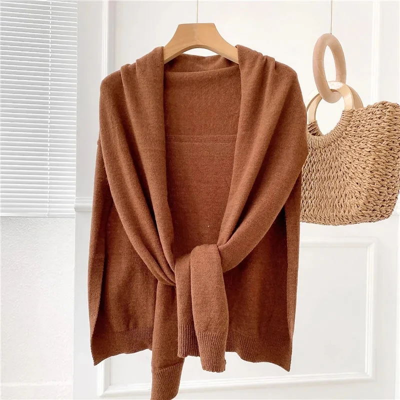 

Knitted Shawl Women Tops Korean Fashion Sweter Cape Autumn Winter New Warm Wild Solid Scarf Cardigan Femme Poncho