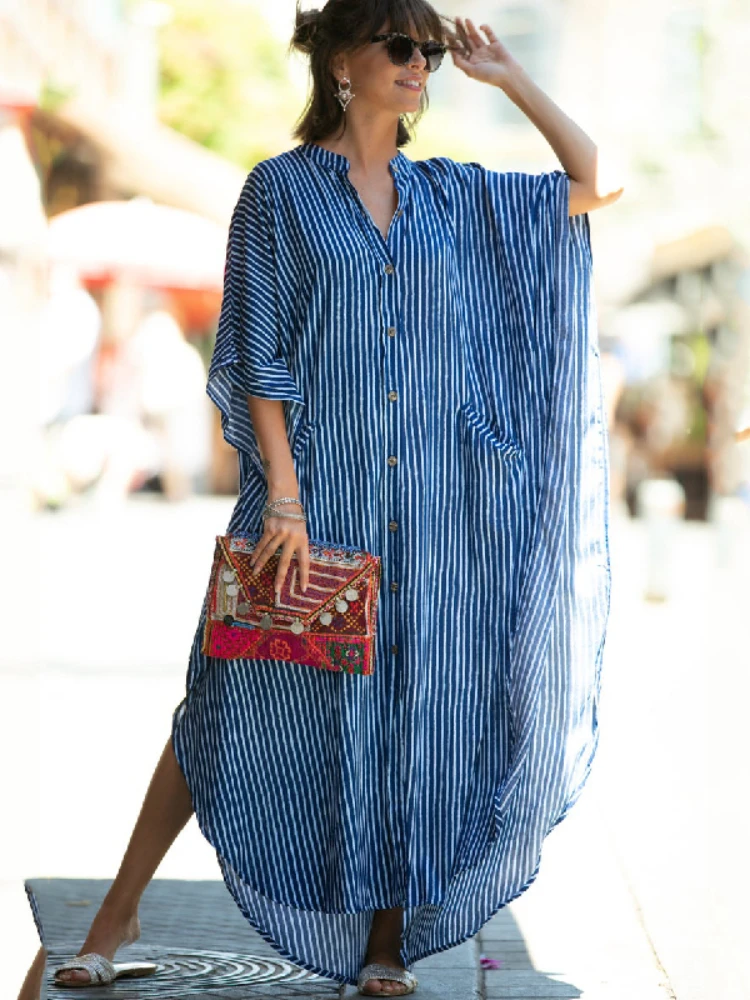 Beach Cover Swimsuit Cover Beach Dress Casual Bikini Cover-ups Blue Tunic Striped Front Open Summer Beach Dress