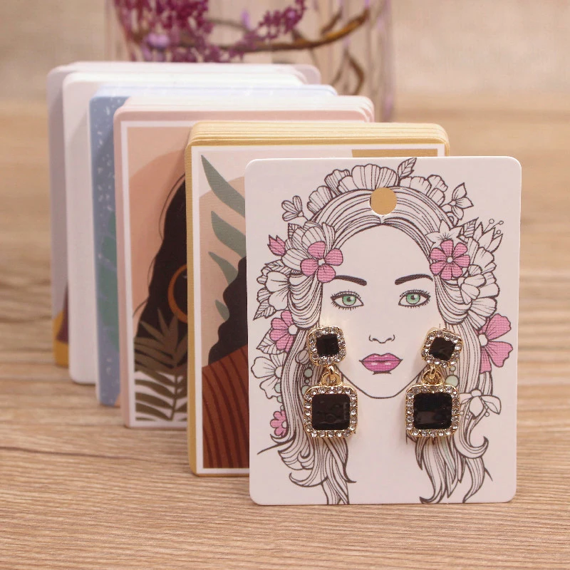 

100Pcs Fashion Stud Earring Package Card Beauty Girl Printed Dangle Earring Packaging Tag 5x6.5cm Jewelry Display Paper Cards