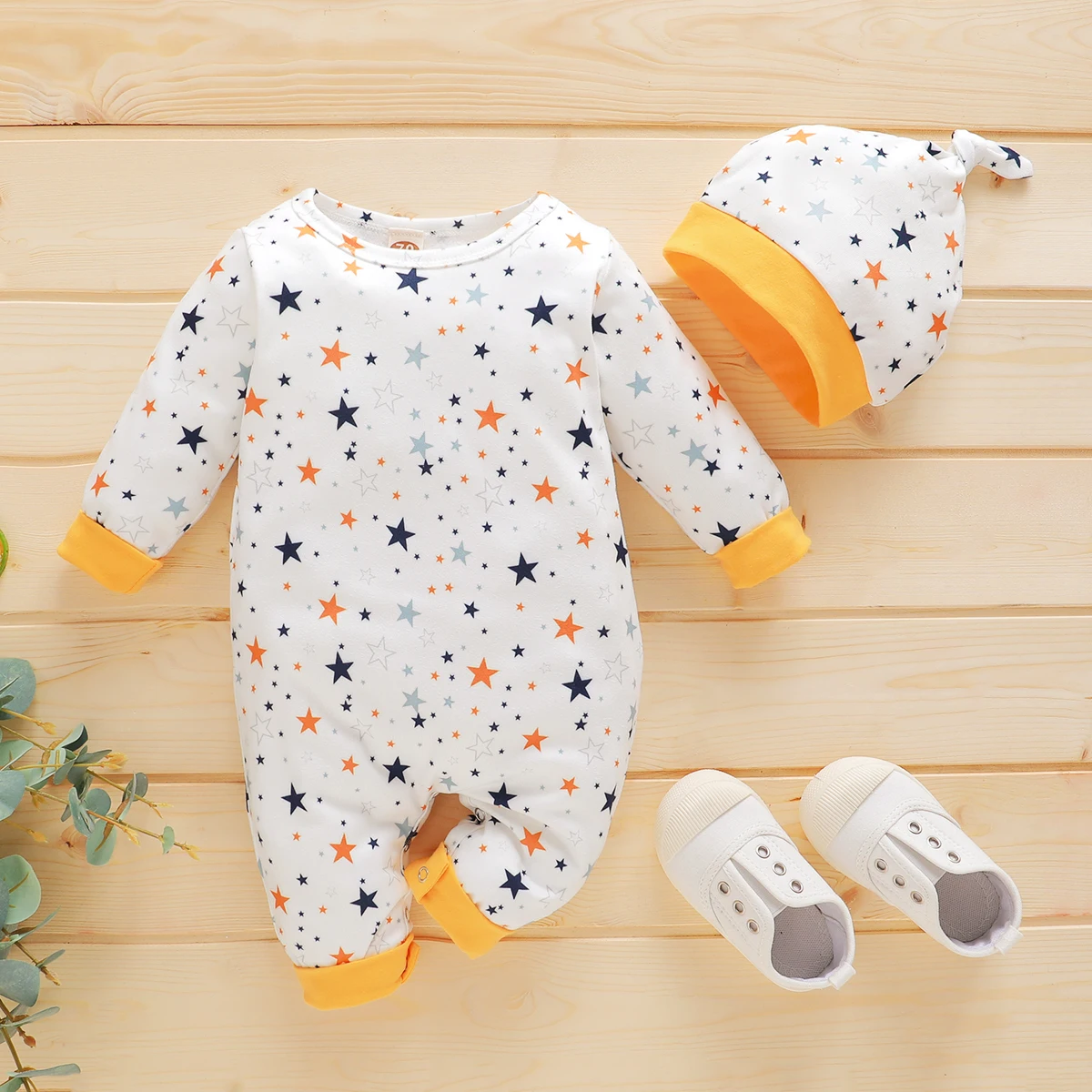 Newborn Baby Clothing Baby Boy Romper Long Sleeve Print Bodysuit + Hat