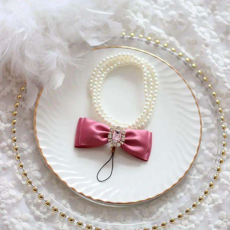 Japanese Handmade Mobile Phone Charm Halter Pearl Rhinestone Bow Pearl Chain Bag Pedants Cute Girl Hand Carrying Chain Pedants