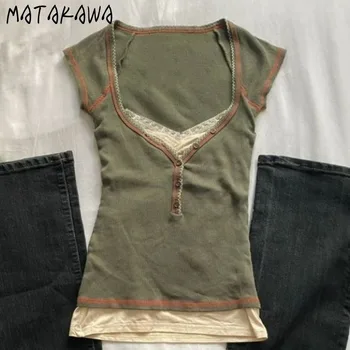 Matakawa Y2k Clothes Short T Shirt for Women Fake 2 Pieces Spring Summer Vintage Sexy Ropa De Mujer Grunge Fashion Tees 1