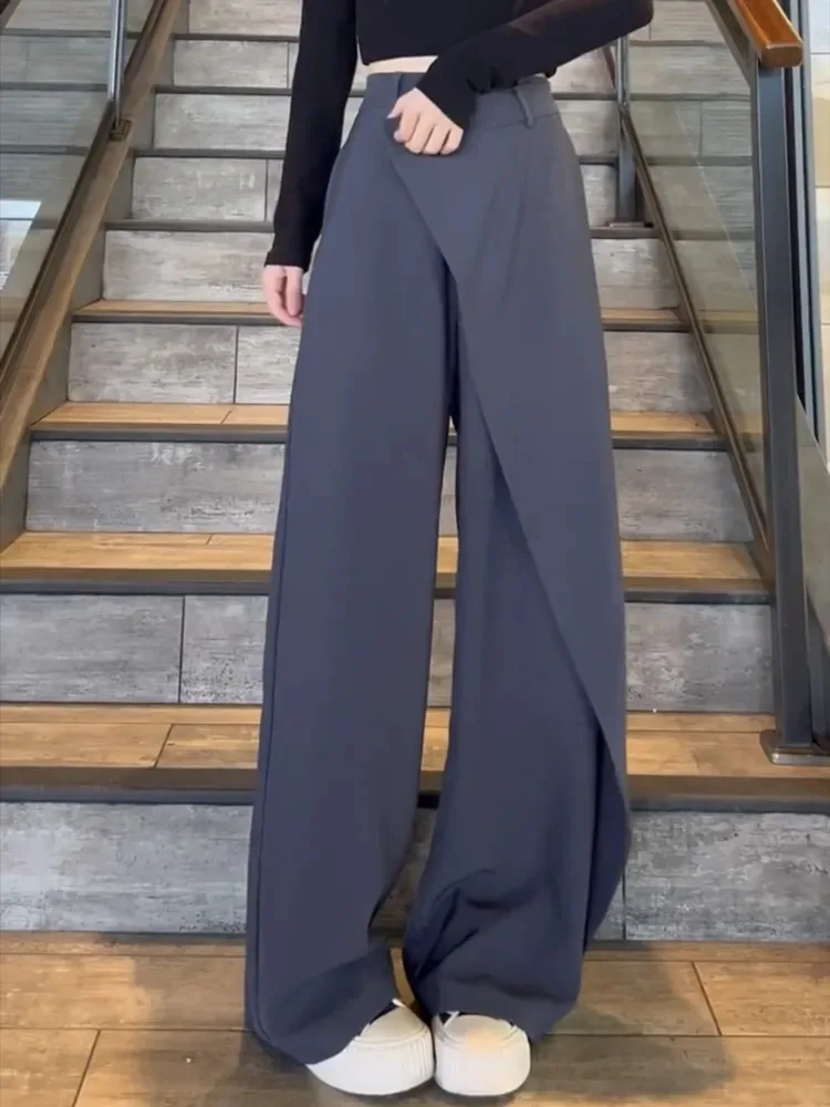 Women Pants High Waisted Wide Leg Pants Irregular Patchwork Casual 2024 Fashion Black Full Length Solid Spring Straight Trousers