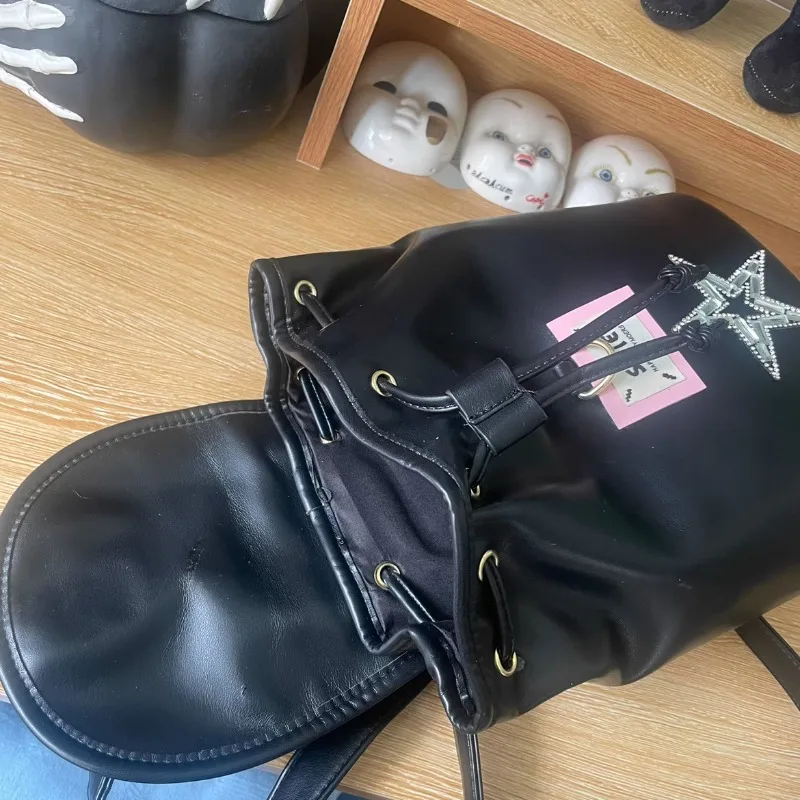 MBTI Y2k Hello Kitty Womens Backpack Vintage Black Pu Leather Fashion Casual Backpacks Patchwork Luxury Designer New Female Bag