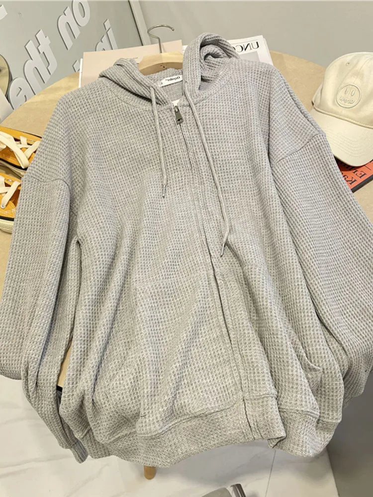 Comfy Pure Zip Up Hoodies Autumn Hooded Sweatshirt  Hip Hop Hoodie Waffle Hoodie Sweatshirt Harajuku