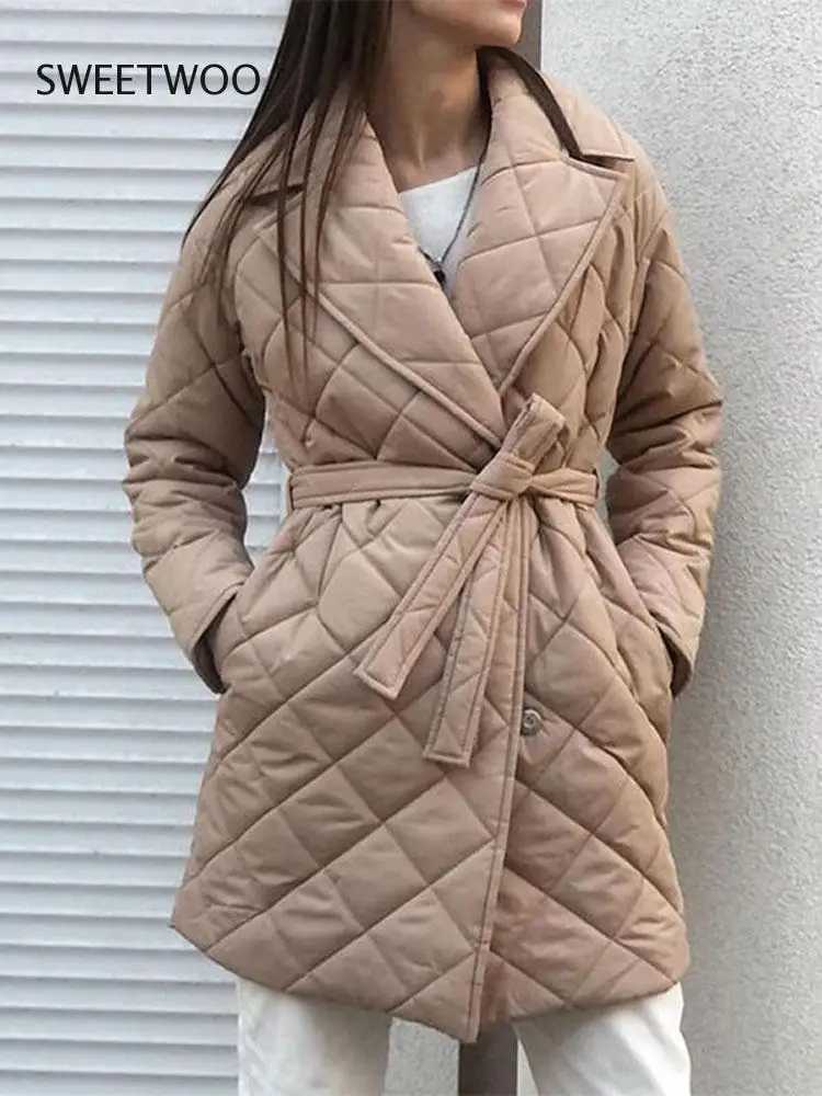 Padded Long Parka Women's Winter Jacket Casual Turn Down Collar Belt Straight Overcoat Office Lady Outwear Woman Clothes