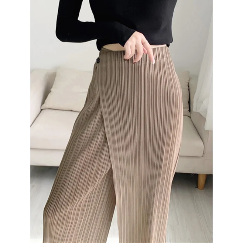 Miyake Women Pleated Solid Color Ankle-length Pants Elastic Waist Wide Leg Straight Female Trsouser Loose 2023 Summer