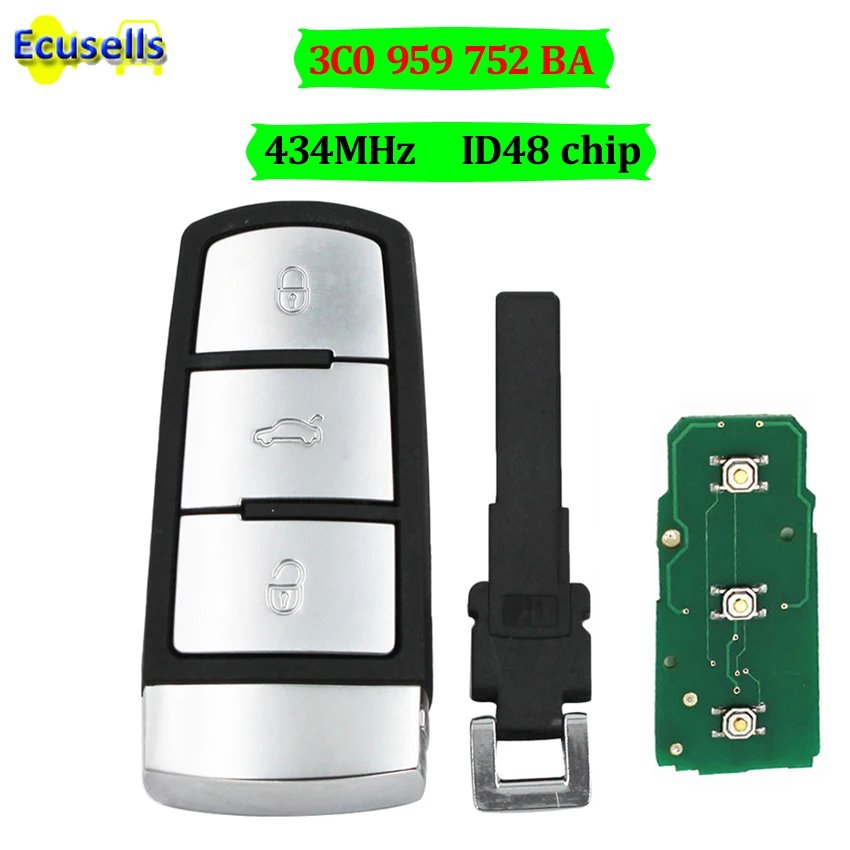 Smart Remote Key Fob 3 Buttons 434mhz Id48 Chip For Volkswagen Vw