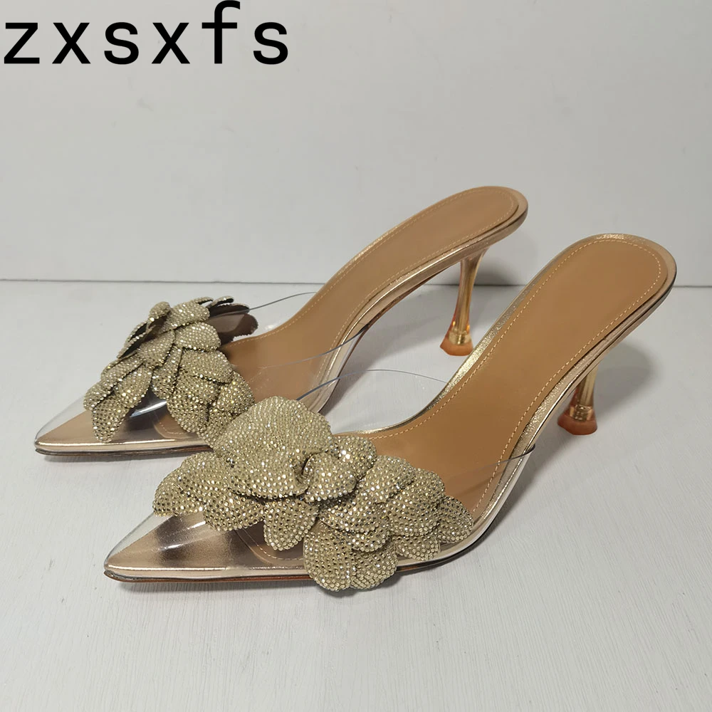 

Summer Rhinestones Flower Sandals Women Pointy Toe Party Shoes Outwear Fashion Silver Crystals High Heels Sandals Mujer 2023