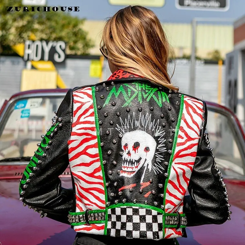 Punk Rivet Women's Leather Jacket Slim Short Outerwear 2022 New Streetwear  Moto Biker Graffiti Print Jackets And Coats Mujer - Faux Leather -  AliExpress