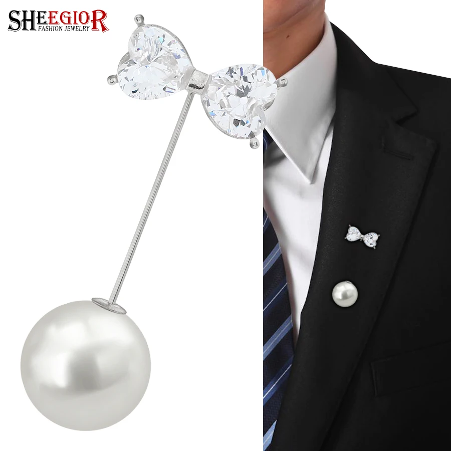 

Crystal Bow Long Pins Brooches for Women Accessories Men Badge Pearl Cover Rhinestone Bowknot Brooch Pin Clothing Ornaments Gift