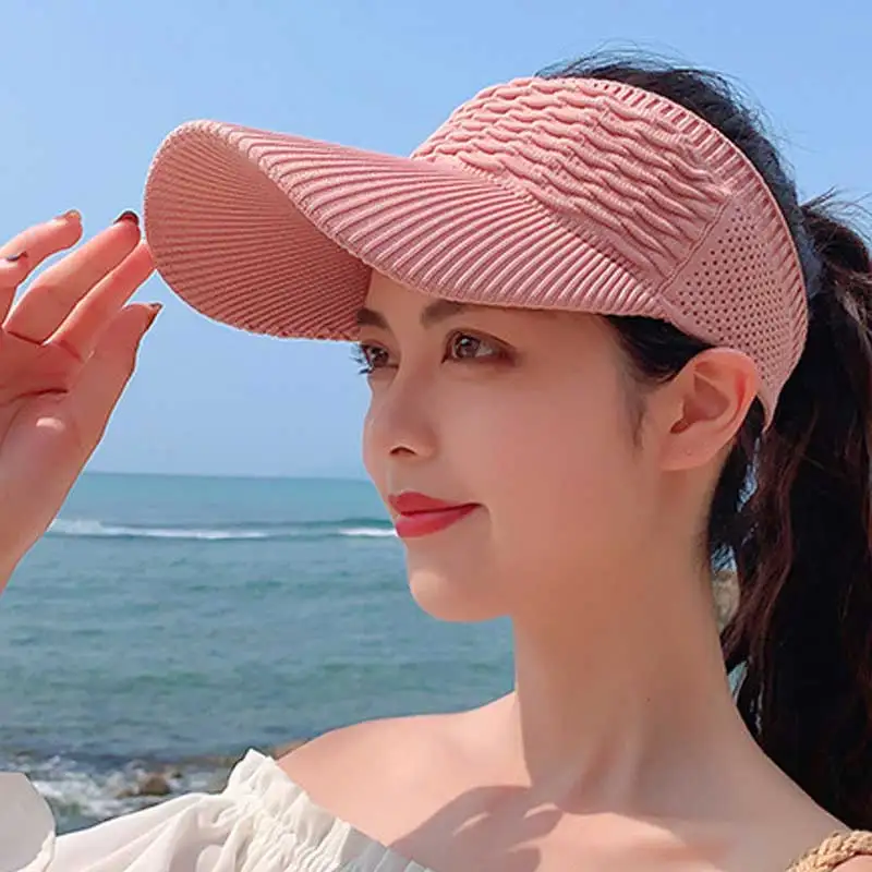 

Fashion Folds Design Women Empty Top Hat Summer Solid Color Large Brim Sunscreen Hat Outdoor Elastic Fabric Sports Sun Cap 8010