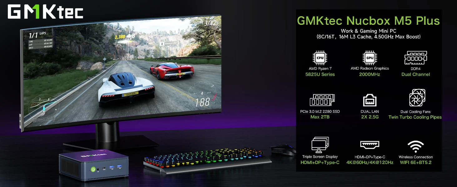 GMKtec M5 Plus AMD Ryzen 7 5825U Mini PC WIFI6 BT5.2 Windows 11 