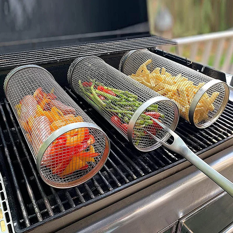 BBQ Basket Stainless Steel Rolling Grilling Basket Wire Mesh Cylinder Grill Portable Round Outdoor Camping Barbecue Rack