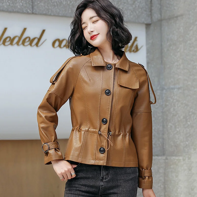 Women Sheep Leather Jacket, Classic Turn Down Collar, Chic Drawstring, Slim Short Sheepskin Coat Streetwear, Spring Autumn 2024