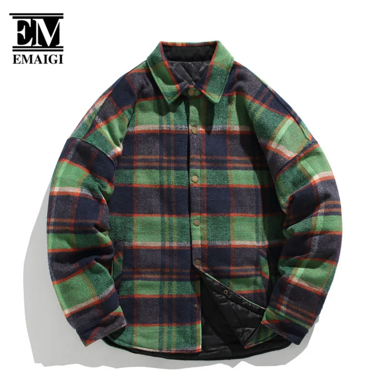 

Winter Men Women Streetwear Fashion Hip Hop Loose Casual Plaid Long Sleeve Thicken Padded Cotton Shirt Style Jacket Couple Coat