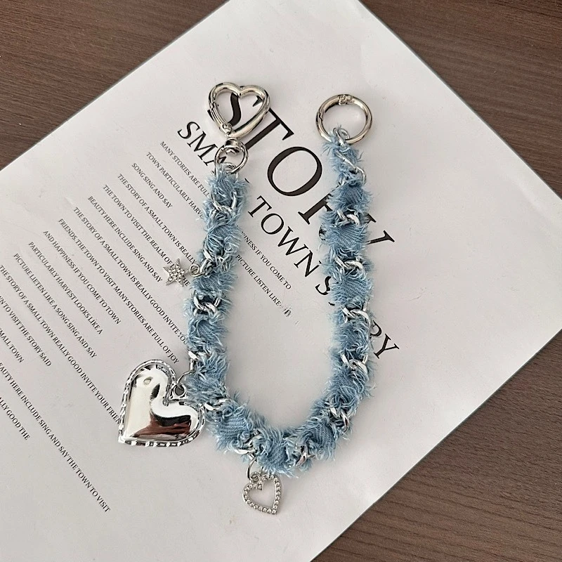 Washed Denim Love Pendant Tassel Phone Lanyard - Trendy Y2K Accessories Chain