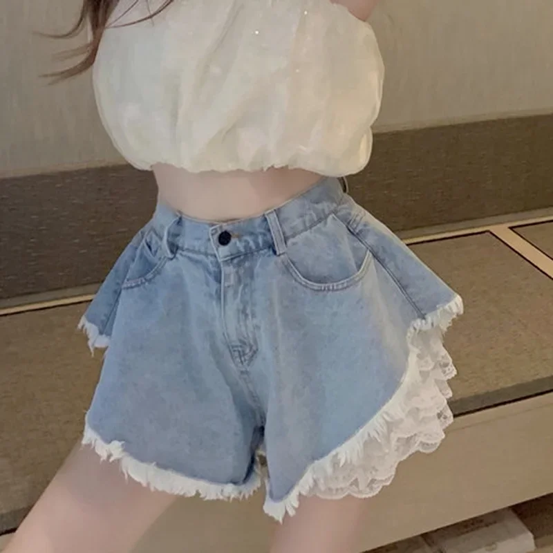 Lolita Style Lace Shorts Summer Ladies Harajuku Fashion Chic High Waist Denim Shorts Women Streetwear Sexy Punk Hip-hop Jeans