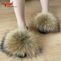 Real Raccoon Fur Slippers For Women 2023 Summer Fluffy Indoor House Fuzzy Flat Slides Outdoor Fashion Beach Sandals Flip Flops 2