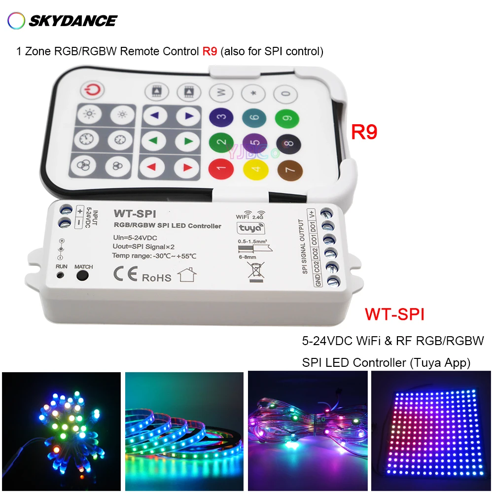 Skydance music WiFi+2.4G RF RGB/RGBW Pixel IC SPI LED Controller WT-SPI R9 RGB Remote for WS2812 WS2815 LED Strip module 5V-24V wifi remote thermostat dc6 30v high precision temperature controller module cooling and heating mode