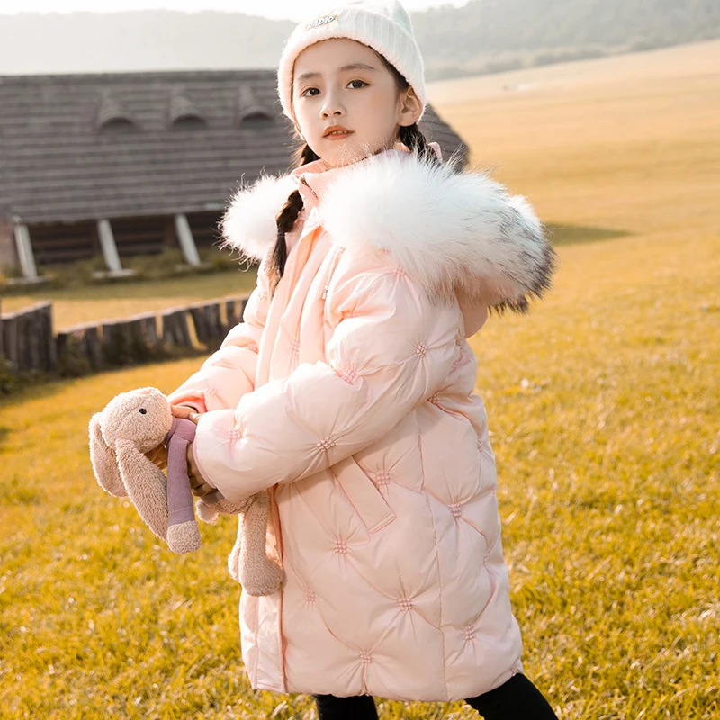 HSSCZL Girls duck down jackets embroidery long 2022new winter thicken girl coat outerwear overcoat hooded fur children&s clothes
