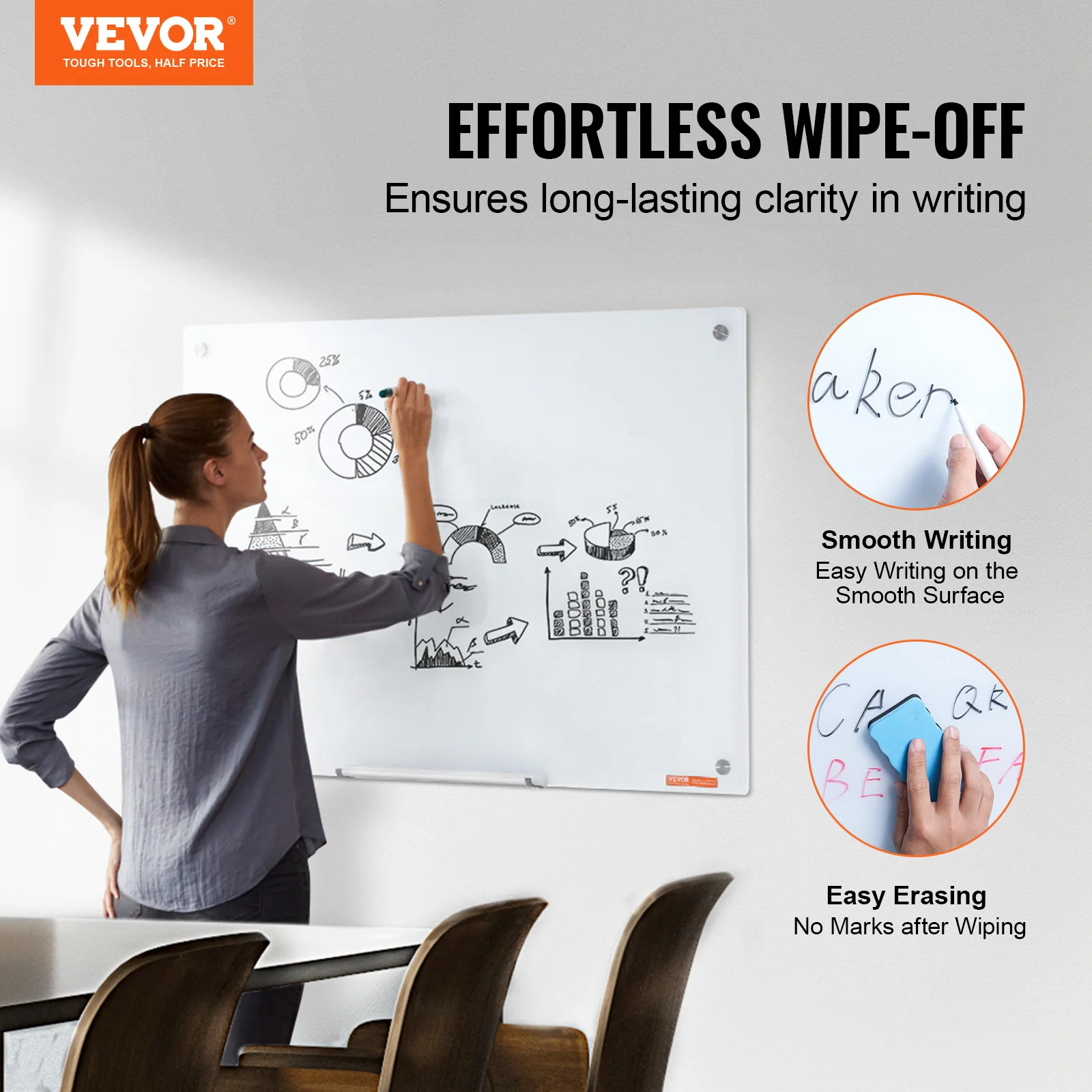 Magnetic Glass Whiteboard Dry Erase Board Wall-Mount Large Frameless Glassboard for School Office VEVOR 36"x24"/48"x32"/72"x36"