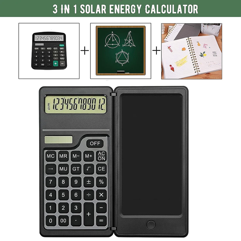 2 IN 1 Foldable Solar Energy Calculator 12 Digits LCD Display with 6 Inch Writing Tablet Pen for Office Business School