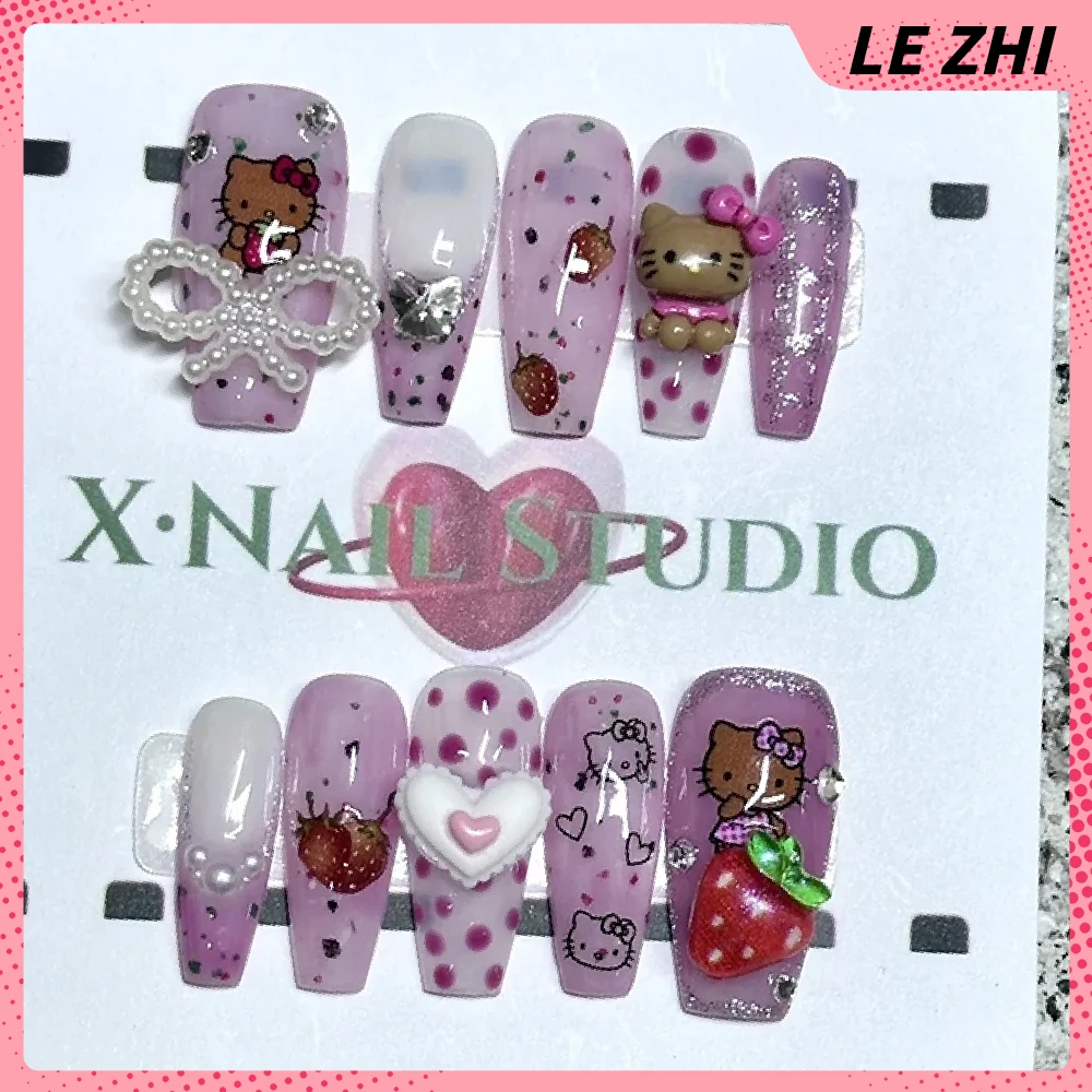 

Hello Kitty French Full Cover Nails Long Coffin Sweet Strawberries Bow Handmade Maiden Heart Birthday Present Press on Nails