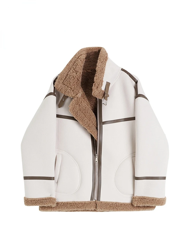 

2022 Winter Women Fur Short Jacket Loose Warm Thickened Zippers Locomotive Patchwork Vintage Female Fashion Faux Lamb Wool Coat