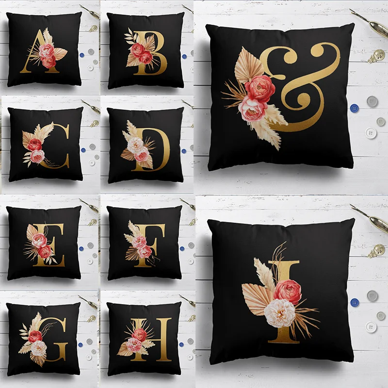 

Minimalist Decorative Office Sofa Cushion Cover Accessories Black Gold English Alphabet Polyester Pillowcase Stylish