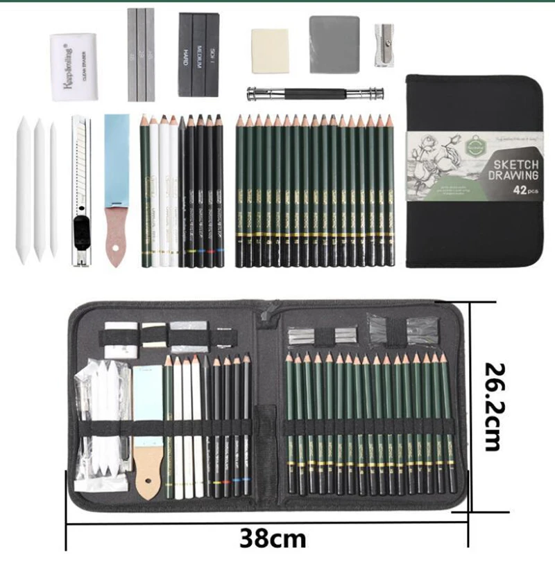 42 Pcs Sketch Pencil Set Professional Sketching Drawing Kit Wood Pencil Pencil Bags for Painter School Students Art Supplies