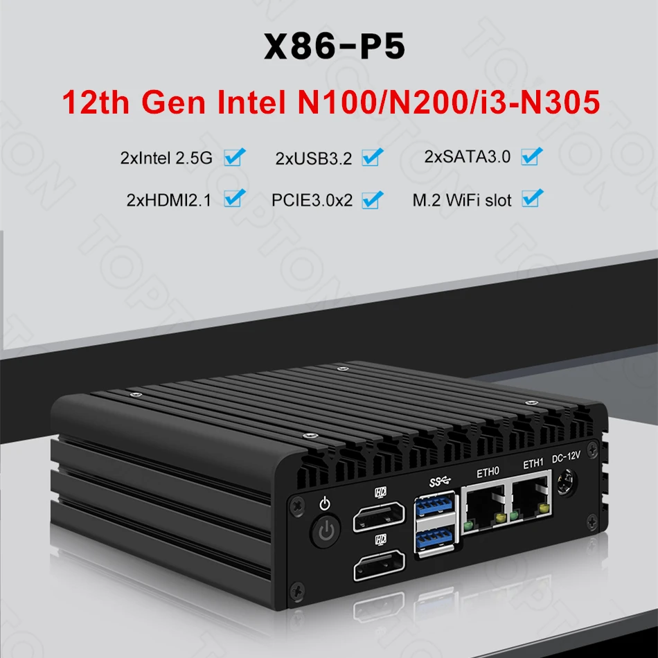 Topton X86 P5 Fanless Mini PC Firewall Router 12th Gen Intel i3-N305 N100 DDR5 4800MHz 2x i226-V 2.5G 2x HDMI2.1 Proxmox Server 2
