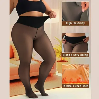 2026 New One Seam Fleece Lined Tights Sexy Black Shaping Thermal Leggings Translucent Pantyhose Sheer Fleece Leggings Plus Size 1