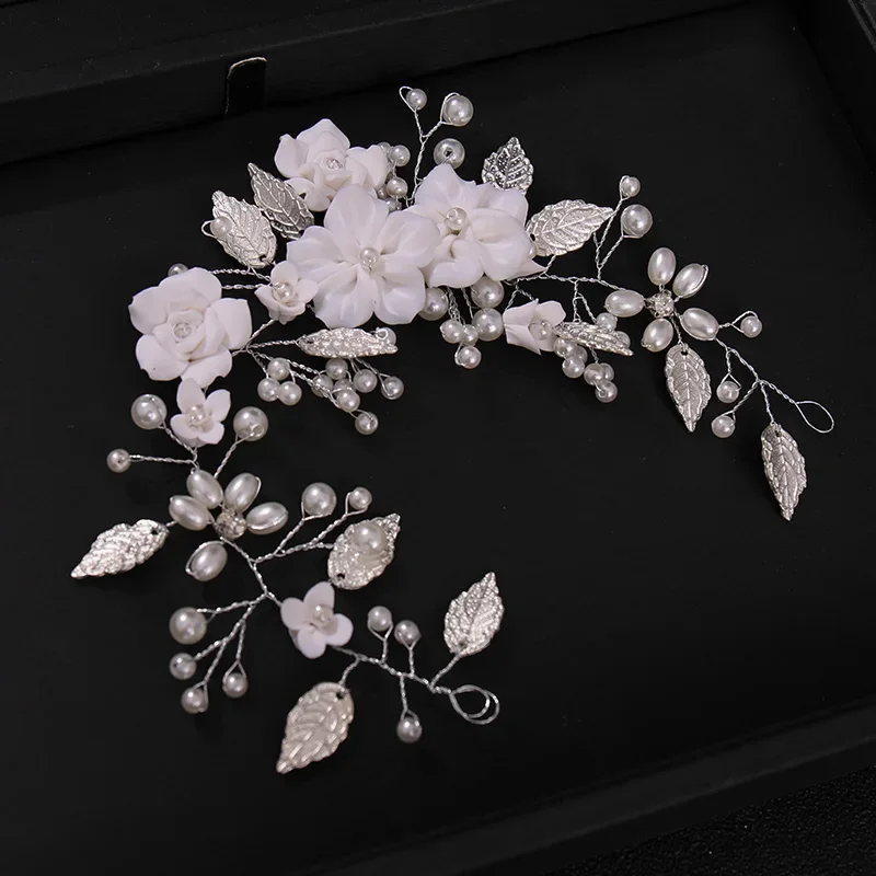 Flower Leaf Pearl Headband Wedding Hair Accessories Rhinestone Bridal Queen Tiara Headband Hair Comb Hairband Jewelry Gift