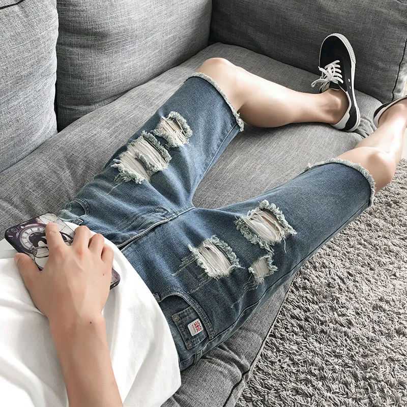 Ripped Denim Shorts Men's Five-point Summer Pants Korean Version 5-point Beggar Thin Men's Medium Pants