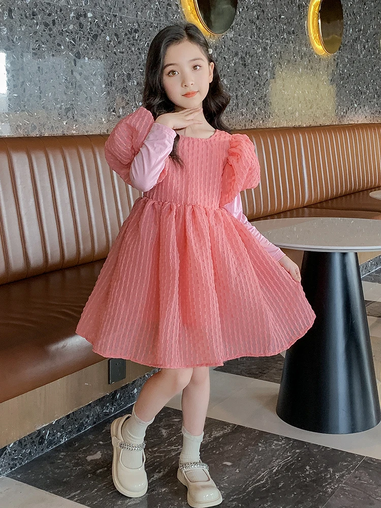 

Girls Princess Dress Autumn Spring Puff Sleeves Children Princess Dresses Beige Pink Formal Kids Dresses Costume 8 10 12 13Y