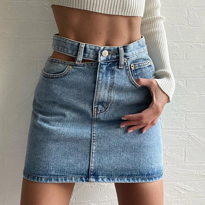 

Summer Sexy Hollow Out High Waist Mini Skirt for Women Casual Chic Zipper Fly Botton Denim Skirt Streetwear Korean Fashion Skirt