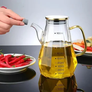 Pentole per olio in vetro 500/700/900ml Bottiglia di olio diamantata a prova di perdite con scala/coperchio Contenitore per condimenti per salsa di soia da cucina 1