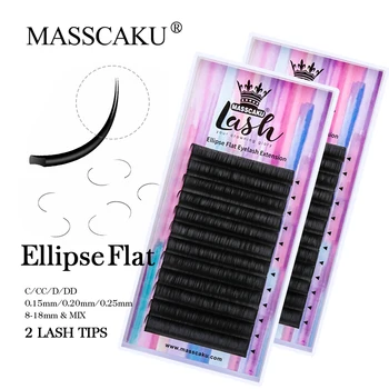 MASSAKU 타원형 플랫 속눈썹, 0.15 0.20 0.25 C/D 컬, 밍크 인조 속눈썹, 스플릿 팁 속눈썹 익스텐션, 도매, 12 줄