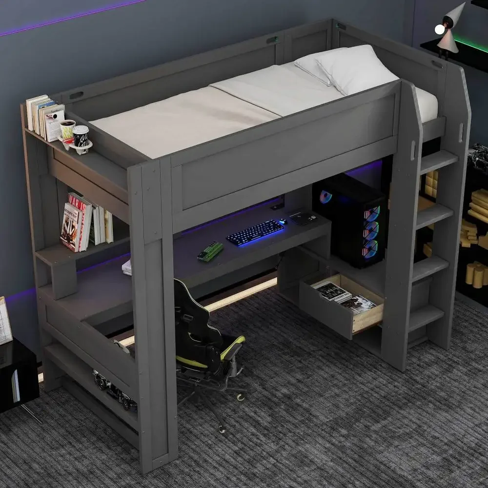 Wood Full Size Gaming Loft Bed Desk, Multi-storage Shelves,LED and Charging Station,Dark Gray Kids Bed Boys Bed Children's Beds 6
